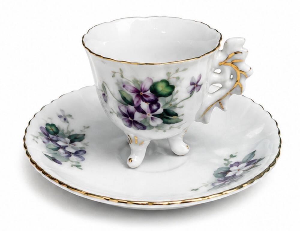 Vintage Footed Demitasse Cup & Saucer Purple Violet Floral Gold Trim Porcelain